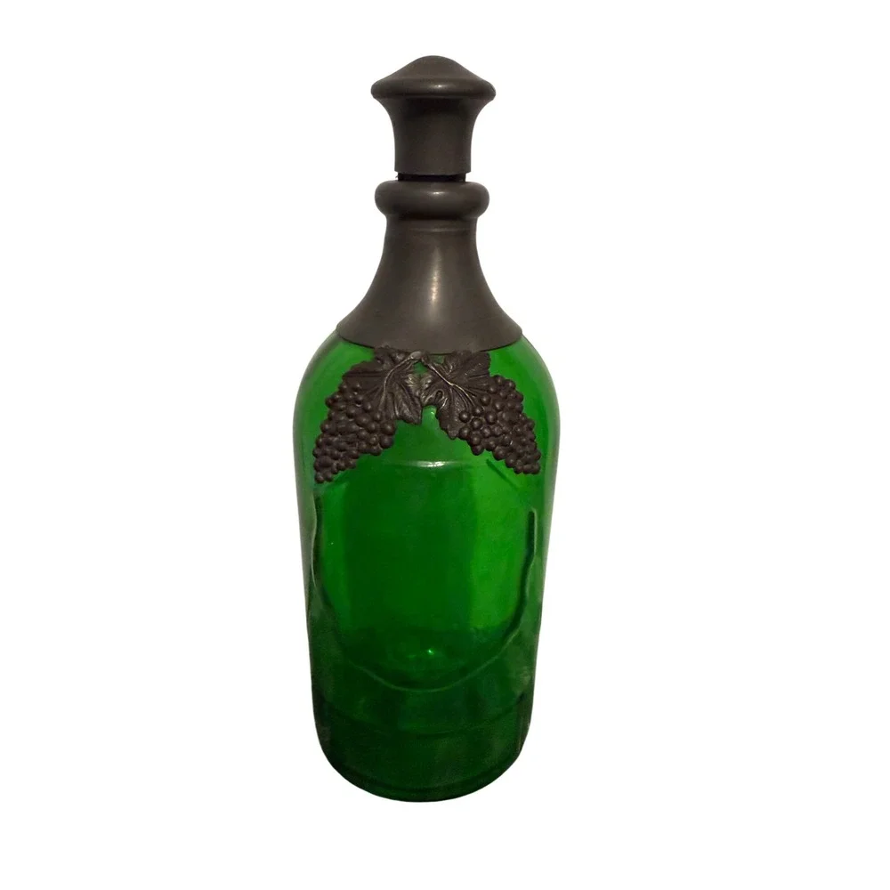 Vintage Emerald Green Glass Decanter with Pewter Grape Cluster Metal Collar 10in
